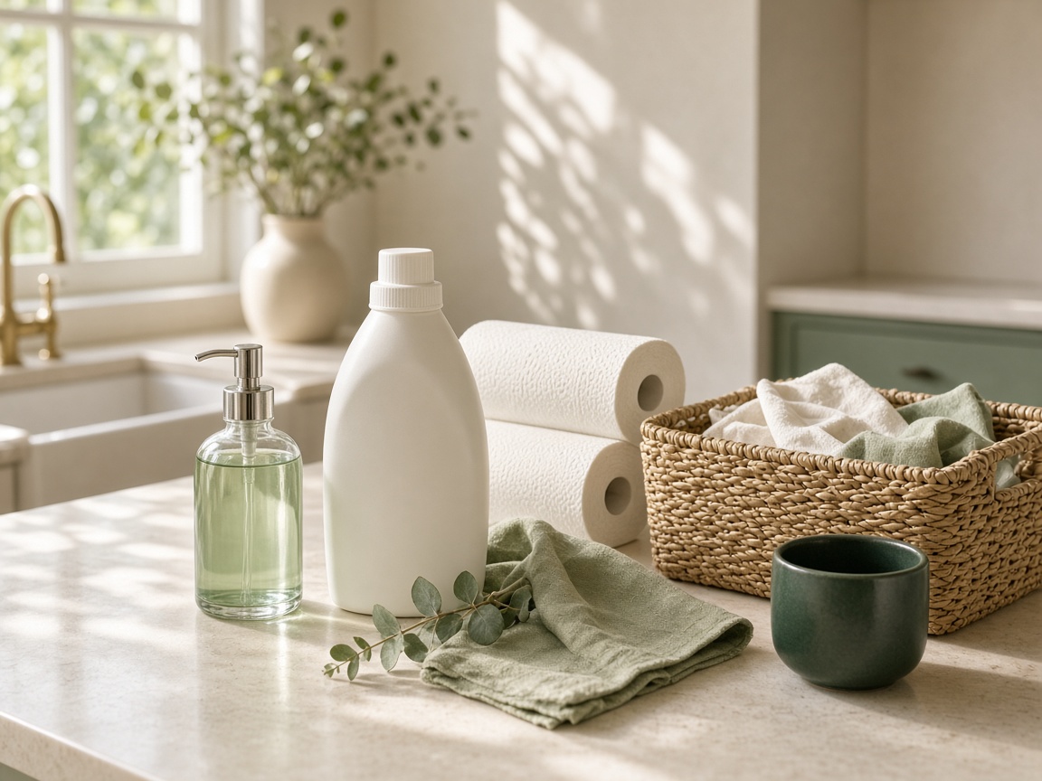 Household staples arranged on a cream kitchen island